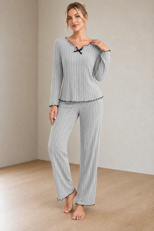 Women's Ribbed Knit Pajama Set - Long Sleeve Top with Bow & Lettuce-Edge Pants - Heather Gray