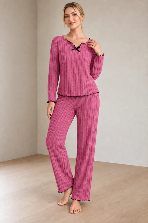 Women's Ribbed Knit Pajama Set - Long Sleeve Top with Bow & Lettuce-Edge Pants - Rose Pink