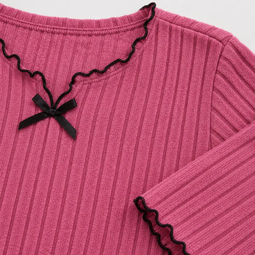Women's Ribbed Knit Pajama Set - Long Sleeve Top with Bow & Lettuce-Edge Pants - Rose Pink