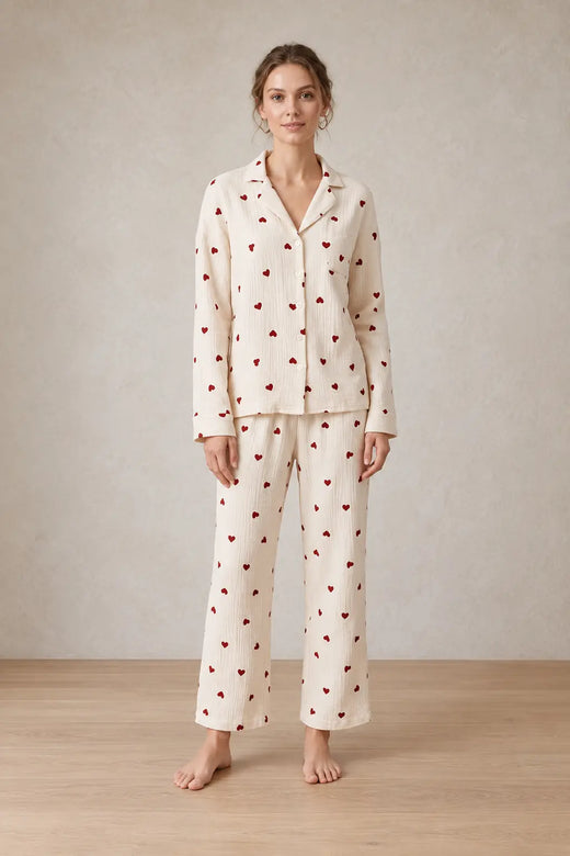Women's Cotton Gauze Pajama Set - Button-Up Top & Wide-Leg Pants, Heart Print - Cream Red Heart
