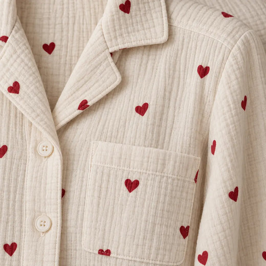 Women's Cotton Gauze Pajama Set - Button-Up Top & Wide-Leg Pants, Heart Print - Cream Red Heart