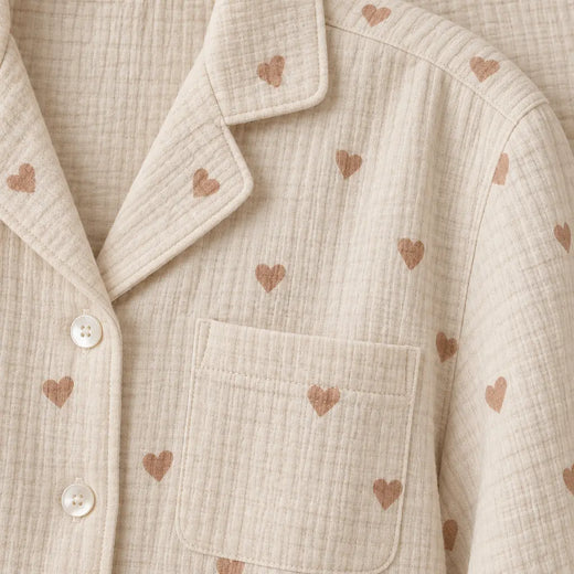 Women's Cotton Gauze Pajama Set - Button-Up Top & Wide-Leg Pants, Heart Print - Cream Tan Heart