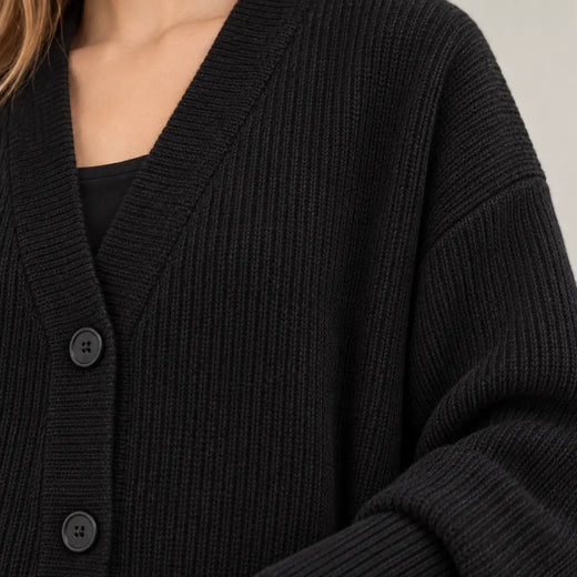 Women's Oversized Cardigan - Deep V-Neck Button-Front Ribbed Knit Sweater - Black