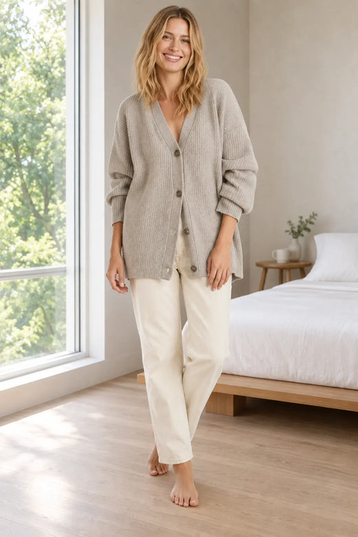 Women's Oversized Cardigan - Deep V-Neck Button-Front Ribbed Knit Sweater - Stone