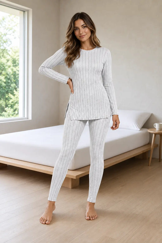 Women's Ribbed Knit Lounge Set - Long Sleeve Split-Hem Top & Fitted Pants - Light Gray