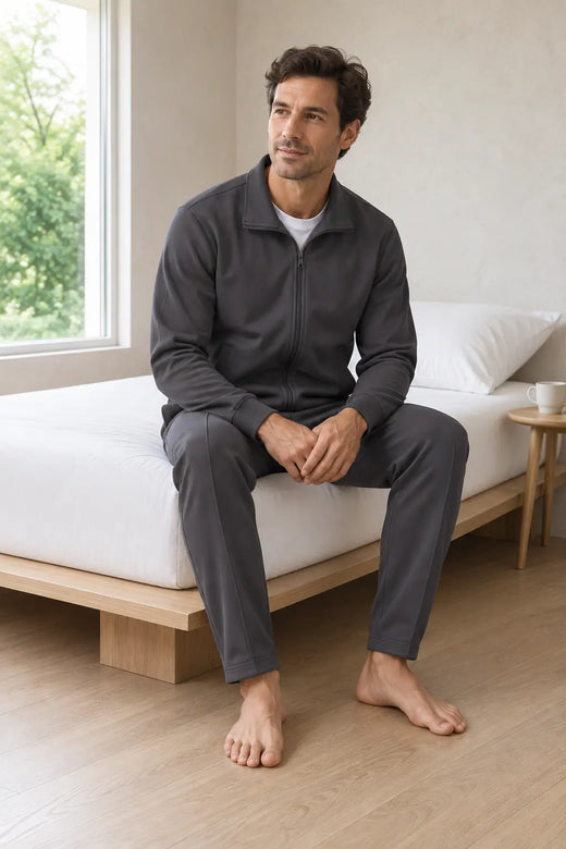 Men's Two-Piece Lounge Set - Stand Collar Full-Zip Jacket & Jogger Pants - Charcoal