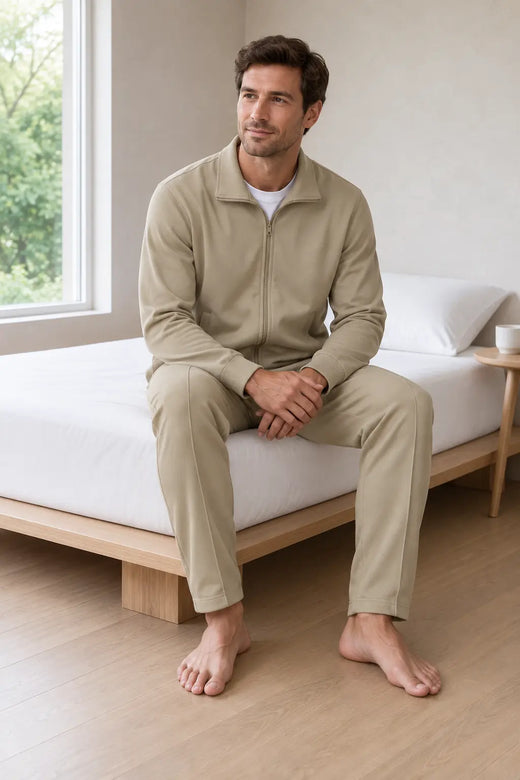 Men's Two-Piece Lounge Set - Stand Collar Full-Zip Jacket & Jogger Pants - Khaki