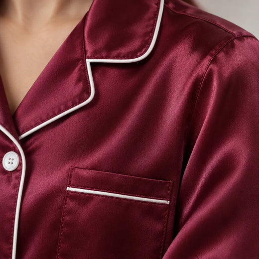 Women's Satin Pajama Set - Long Sleeve Button-Up Top with Piping & Pants - Burgundy