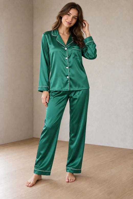 Women's Satin Pajama Set - Long Sleeve Button-Up Top with Piping & Pants - Emerald