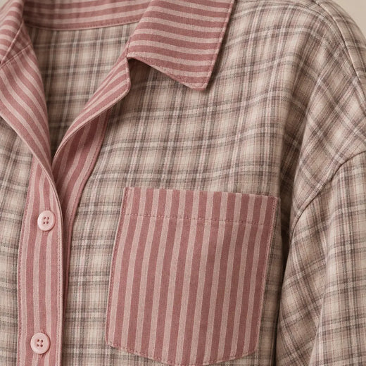 Women's Cotton Pajama Set - Oversized Stripe & Plaid Shirt & Wide-Leg Pants - Pink Plaid & Stripe