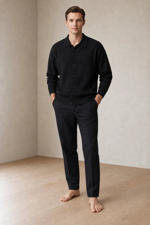 Men's Oversized Knit Cardigan - Spread Collar Button-Front Sweater - Black