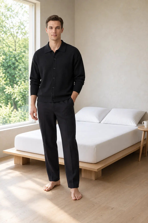 Men's Oversized Knit Cardigan - Spread Collar Button-Front Sweater - Black