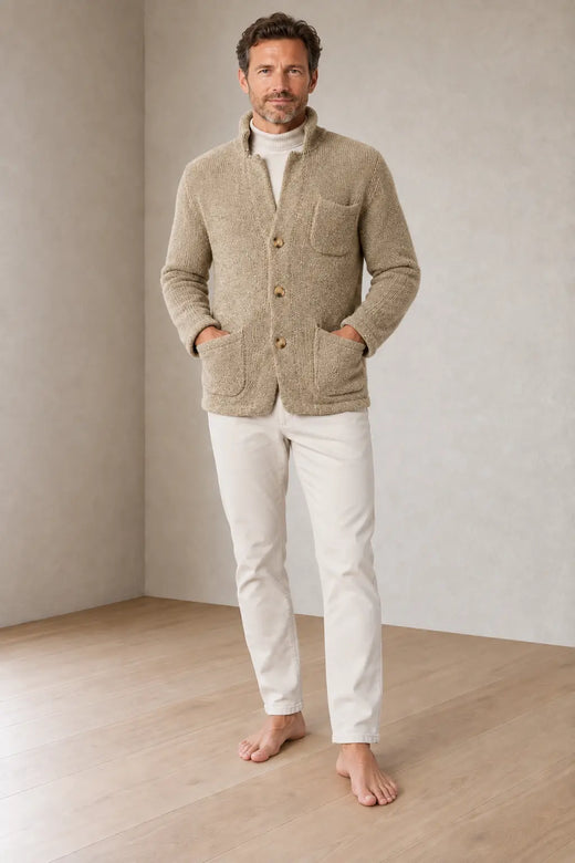 Men's Chunky Knit Cardigan - Stand Collar Button-Front Sweater with Pockets - Beige
