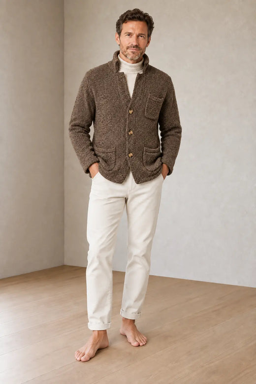 Men's Chunky Knit Cardigan - Stand Collar Button-Front Sweater with Pockets - Brown