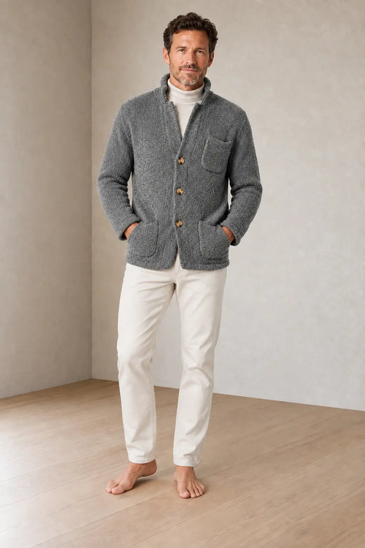 Men's Chunky Knit Cardigan - Stand Collar Button-Front Sweater with Pockets - Gray