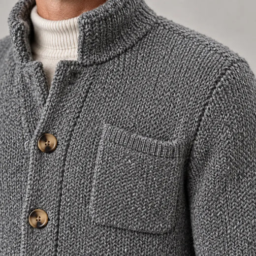 Men's Chunky Knit Cardigan - Stand Collar Button-Front Sweater with Pockets - Gray