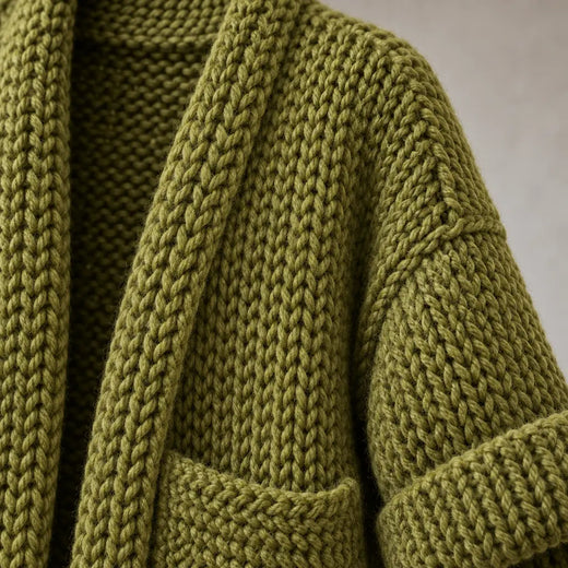 Women's Chunky Knit Cardigan - Oversized Open-Front Long Sweater with Pockets - Moss Green