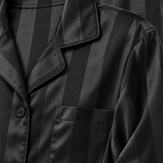 Women's Satin Stripe Pajama Set - Long Sleeve Button-Up Top & Wide Pants - Black