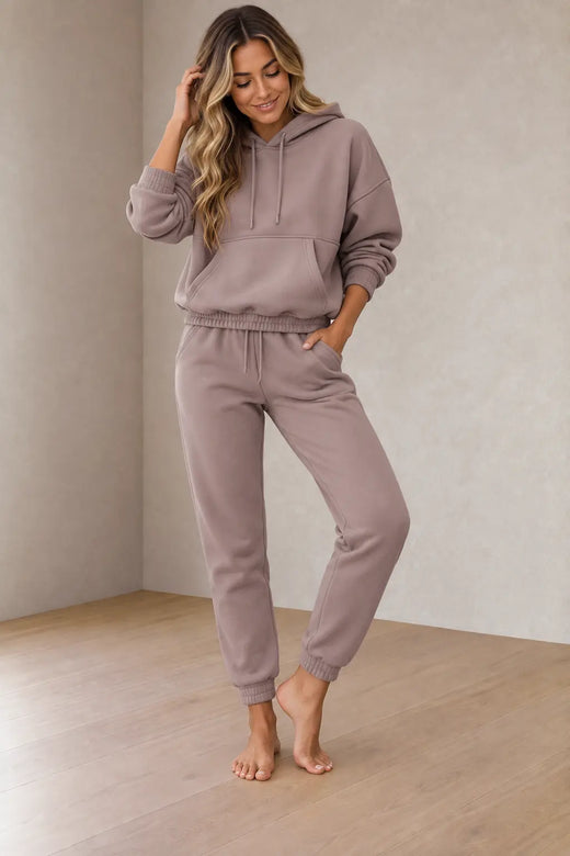 Lounge Set - Women's Oversized Hoodie & Tapered Joggers - Mocha