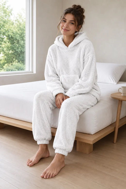 Lounge Set - Women's Teddy Hoodie & Straight-Leg Pants - White