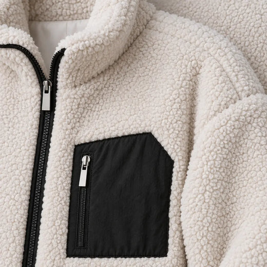 Women's Teddy Jacket - Relaxed Zip-Up Jacket with Contrast Chest Pocket - Cream/Black