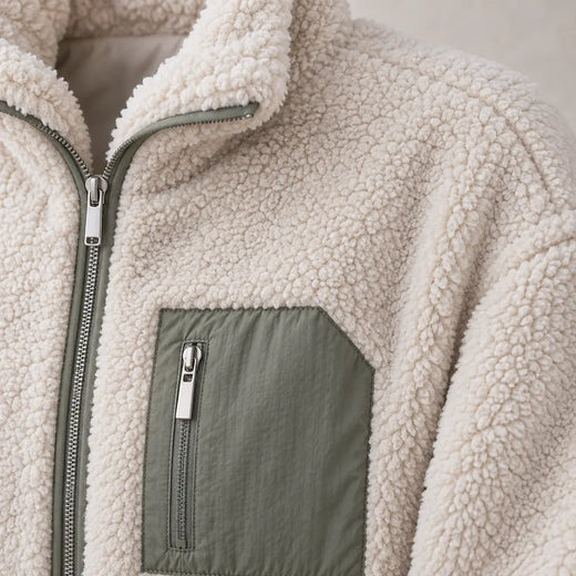 Women's Teddy Jacket - Relaxed Zip-Up Jacket with Contrast Chest Pocket - Cream/Olive