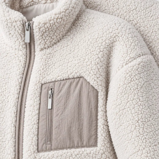 Women's Teddy Jacket - Relaxed Zip-Up Jacket with Contrast Chest Pocket - Cream/Beige