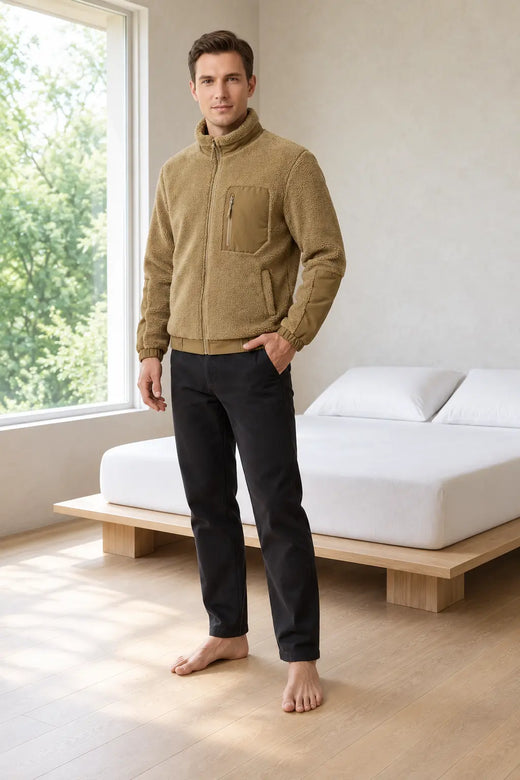 Men's Sherpa Jacket - Full-Zip Teddy Jacket with Contrast Sleeves - Khaki
