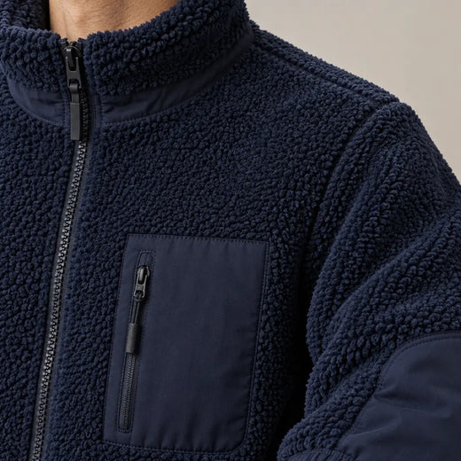Men's Sherpa Jacket - Full-Zip Teddy Jacket with Contrast Sleeves - Navy