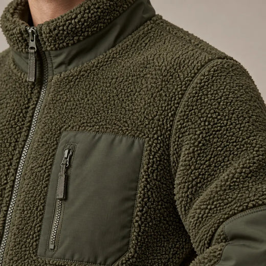Men's Sherpa Jacket - Full-Zip Teddy Jacket with Contrast Sleeves - Olive