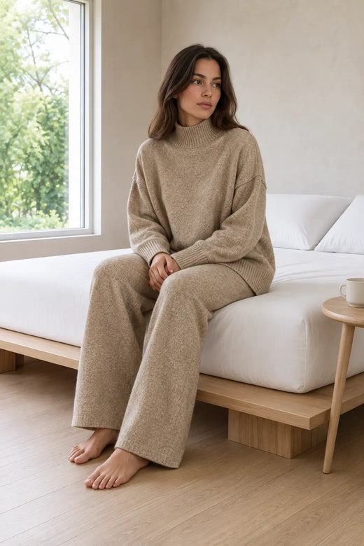 Lounge Set - Women's Chunky Knit Turtleneck Sweater & Wide-Leg Pants - Oatmeal