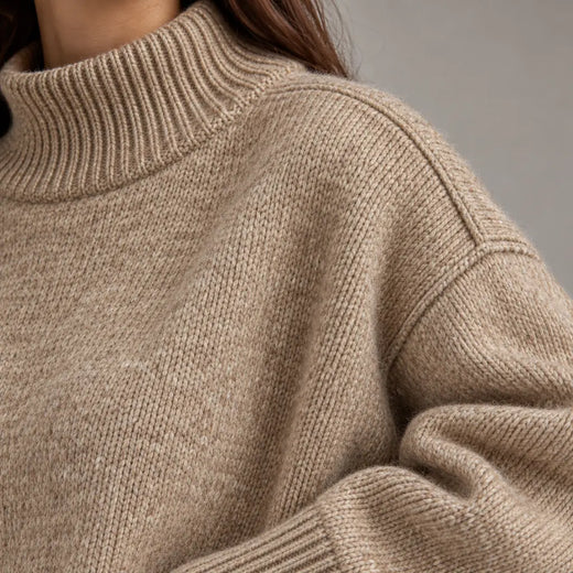 Lounge Set - Women's Chunky Knit Turtleneck Sweater & Wide-Leg Pants - Oatmeal