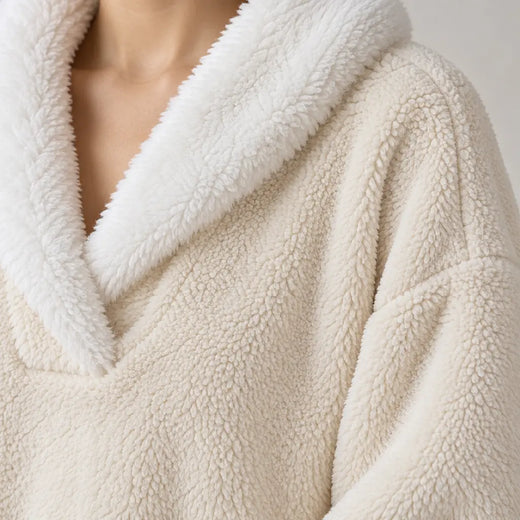 Lounge Set - Women's Plush Shawl Collar Pullover & Tapered Pants - Cream