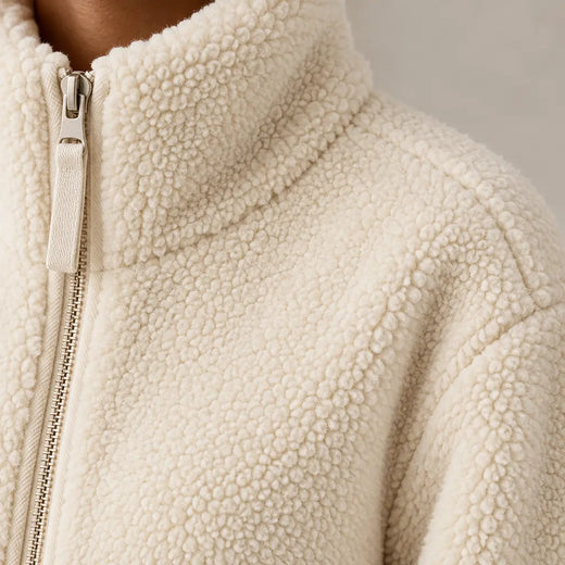 Women's Teddy Jacket - Oversized High-Neck Full-Zip Jacket with Patch Pockets - Ivory