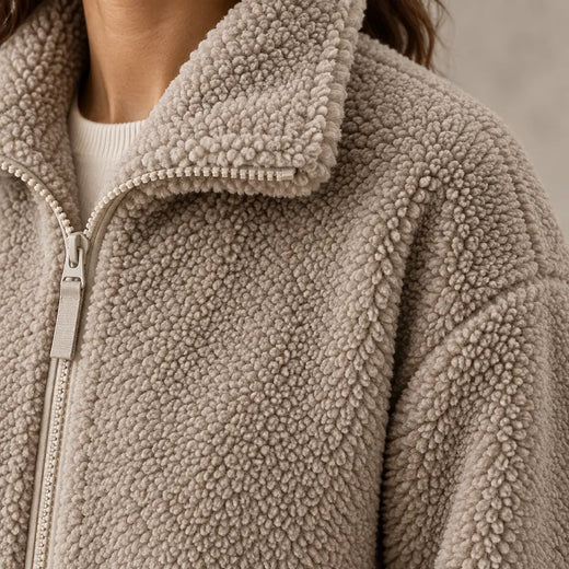 Women's Teddy Jacket - Oversized High-Neck Full-Zip Jacket with Patch Pockets - Stone