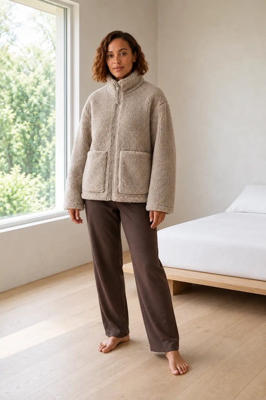 Women's Teddy Jacket - Oversized High-Neck Full-Zip Jacket with Patch Pockets - Taupe