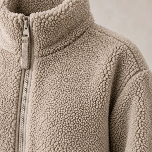 Women's Teddy Jacket - Oversized High-Neck Full-Zip Jacket with Patch Pockets - Taupe