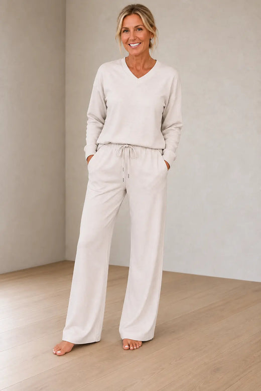 Lounge Set - Women's Brushed Knit V-Neck Top & Wide-Leg Pants - Cream