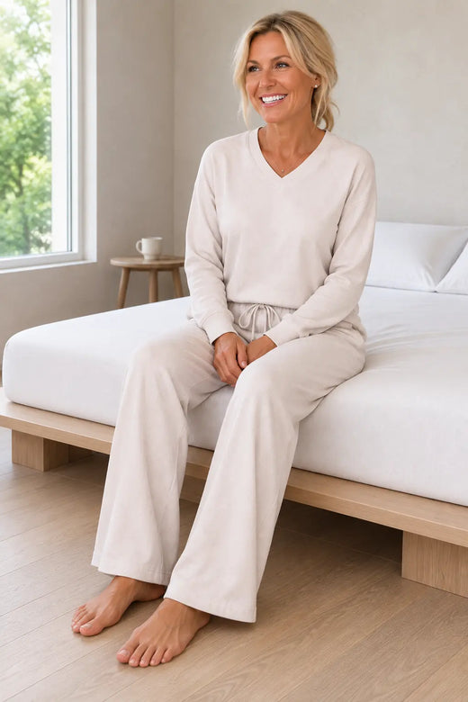 Lounge Set - Women's Brushed Knit V-Neck Top & Wide-Leg Pants - Cream