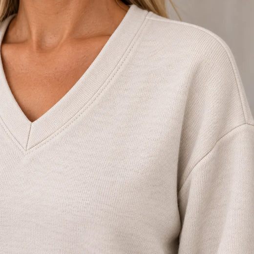 Lounge Set - Women's Brushed Knit V-Neck Top & Wide-Leg Pants - Cream