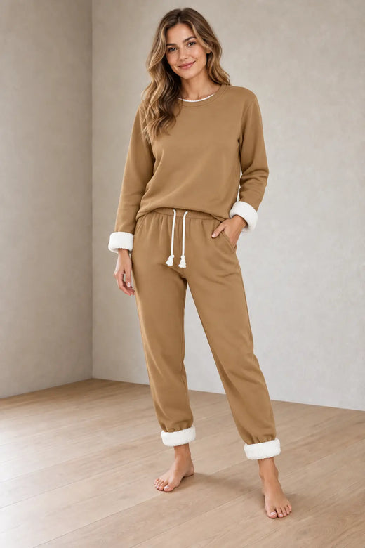 Lounge Set - Women's Sherpa-Lined Crewneck Sweatshirt & Joggers - Camel