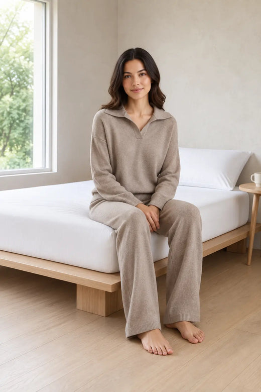 Lounge Set - Women's Collared Knit Sweater & Wide-Leg Pants - Taupe