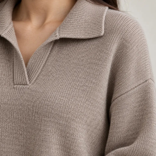 Lounge Set - Women's Collared Knit Sweater & Wide-Leg Pants - Taupe