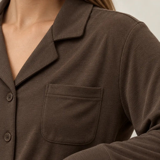 Women's Pajama Set - Notch Collar Button-Front Long Sleeve Top & Pants - Brown