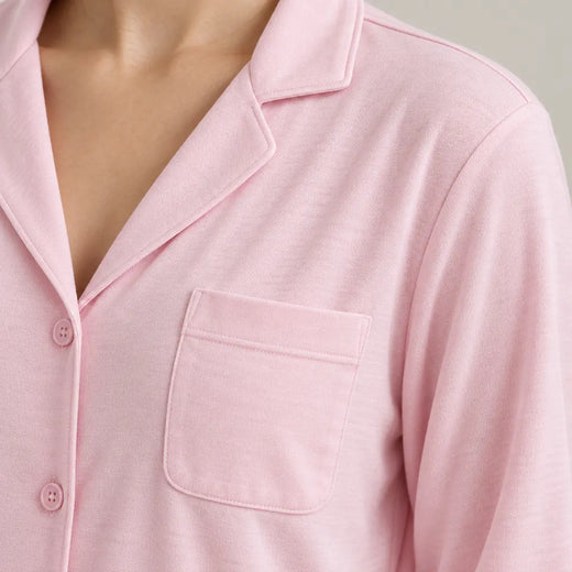 Women's Pajama Set - Notch Collar Button-Front Long Sleeve Top & Pants - Pink