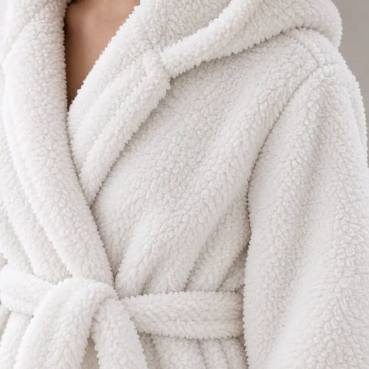 Women's Sherpa Robe - Hooded Belted Wrap with Patch Pockets - White