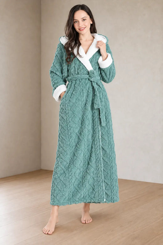 Women's Sherpa Robe - Hooded Ankle Length Textured Plush - Green