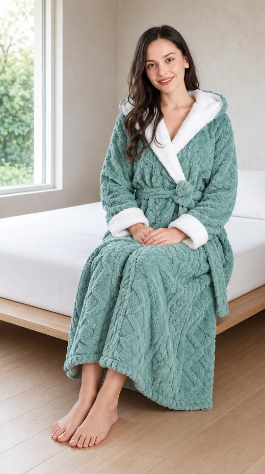 Women's Sherpa Robe - Hooded Ankle Length Textured Plush - Green