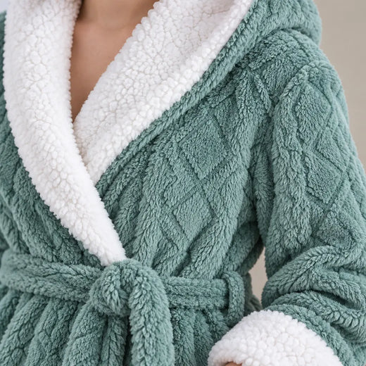 Women's Sherpa Robe - Hooded Ankle Length Textured Plush - Green