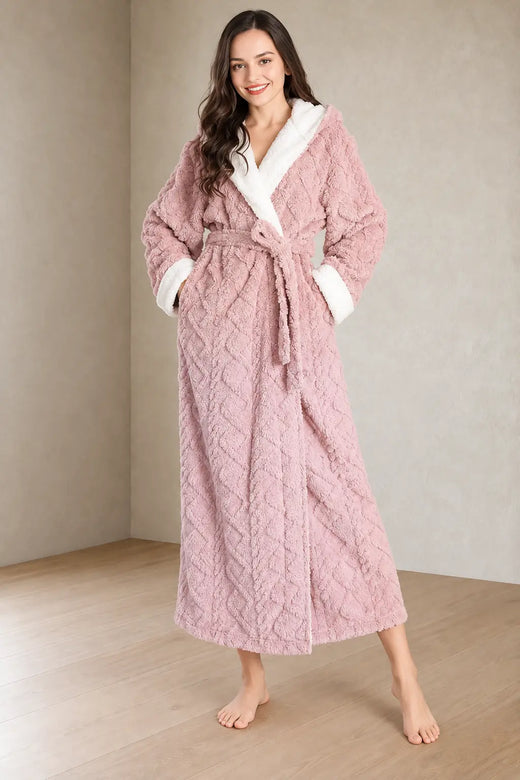 Women's Sherpa Robe - Hooded Ankle Length Textured Plush - Pink